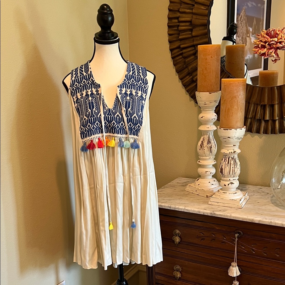 Judith March White and Blue Tunic with Colorful Tassels